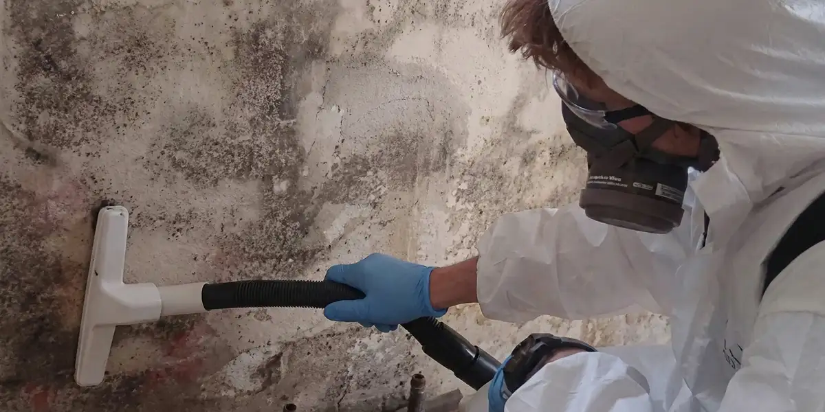 professional mold removal technician wearing protective equipment removing mold from a wall in Fort Collins, CO