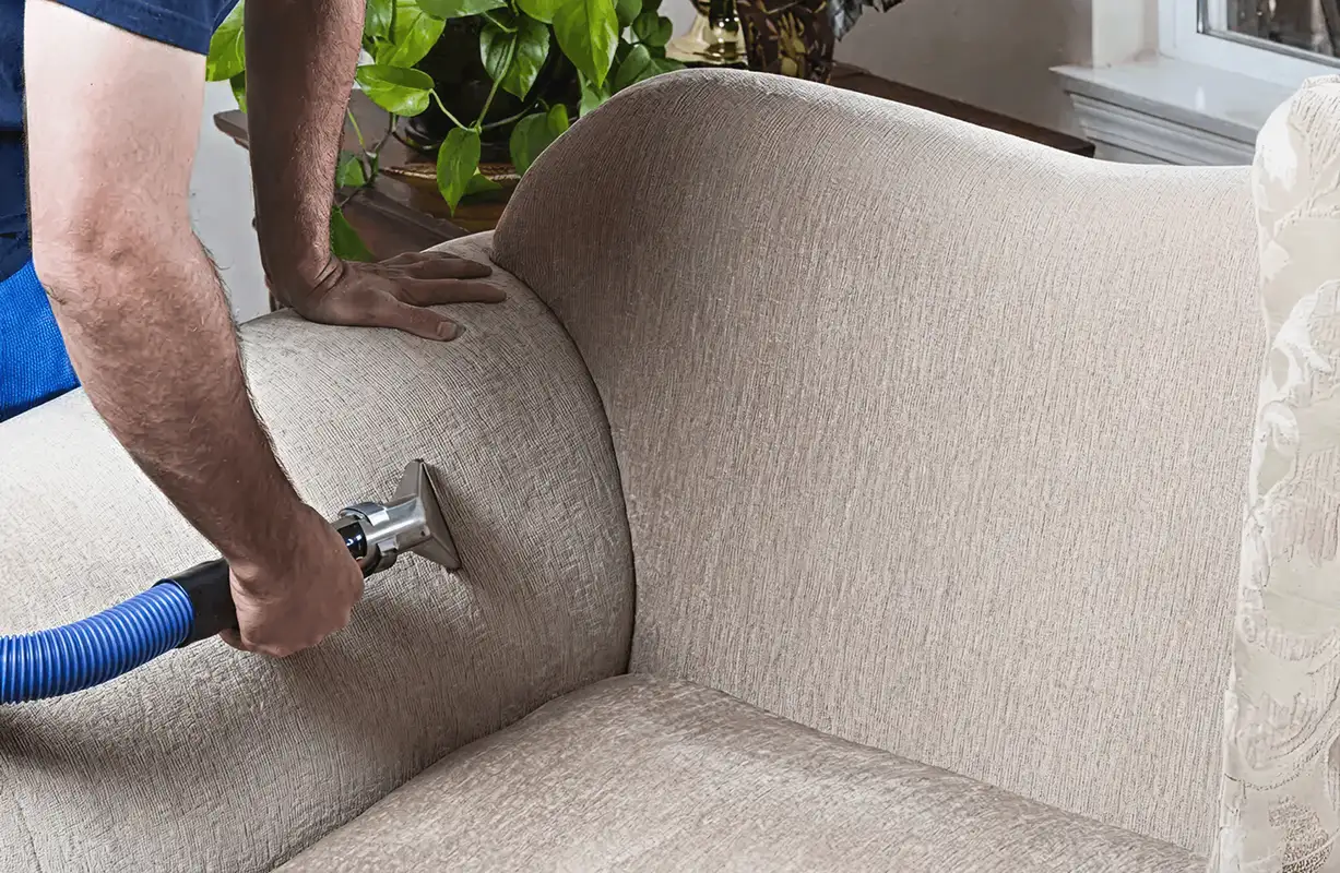 Professional upholstery cleaner deep-cleaning a fabric sofa with a handheld extraction tool and hose, Fort Collins, CO.